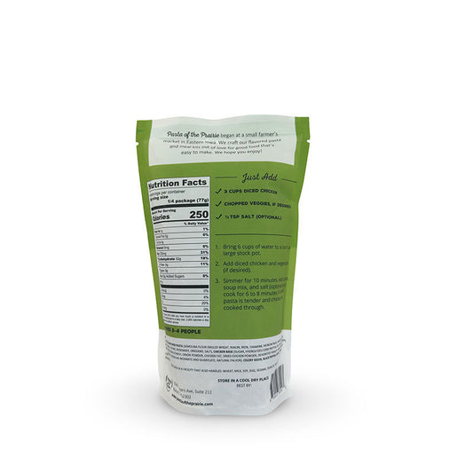 Back view of chicken noodle soup mix packaging with nutrition facts label on a white background