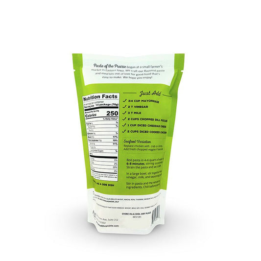 Back of the dill-icious pasta salad packaging with nutrition facts label on a white background