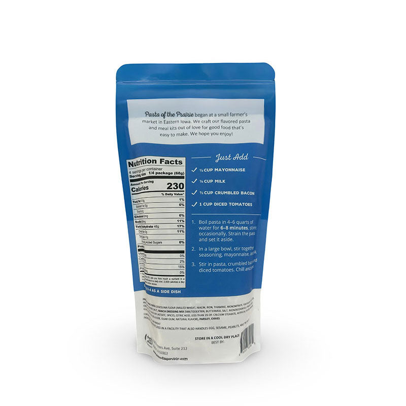 Back of bacon ranch pasta salad package with nutritional information and recipe instructions on a white background