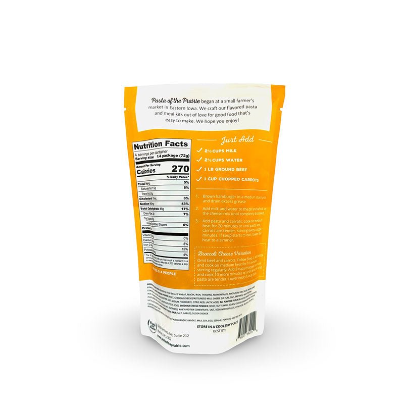 Back view of cheddar soup mix packaging with nutritional information and instructions on a white background