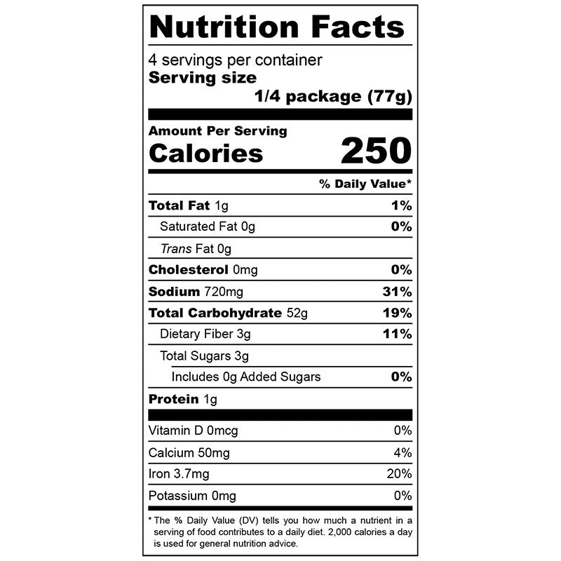 Nutrition facts label for chicken noodle soup mix with detailed calorie and nutrient information.