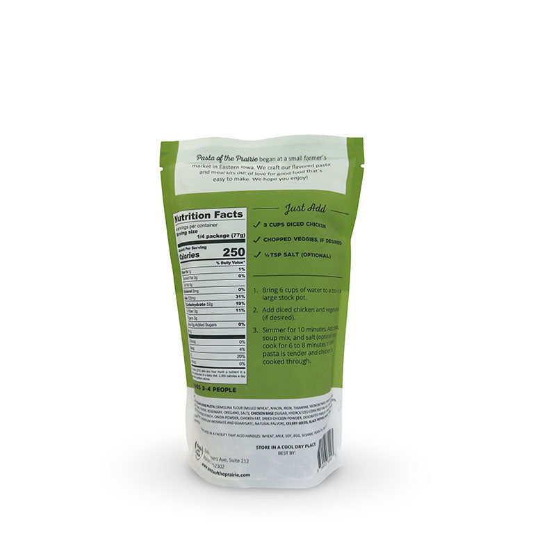 Back view of chicken noodle soup mix packaging with nutrition facts label on a white background