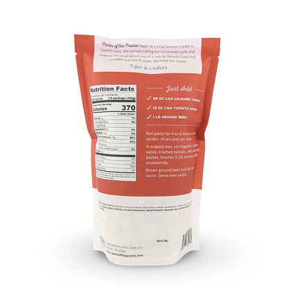 Back of classic marinara meal kit package with nutrition facts and preparation instructions on a white background