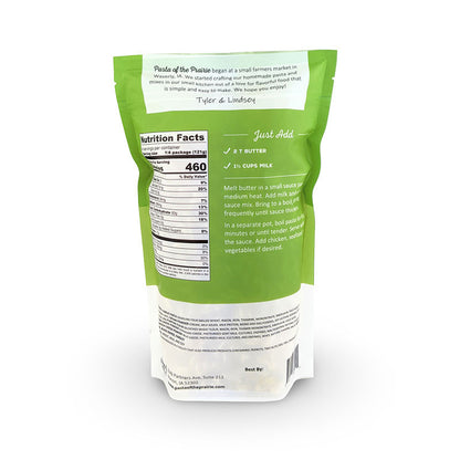 Back of the creamy alfredo meal kit packaging with nutrition facts label on a white background