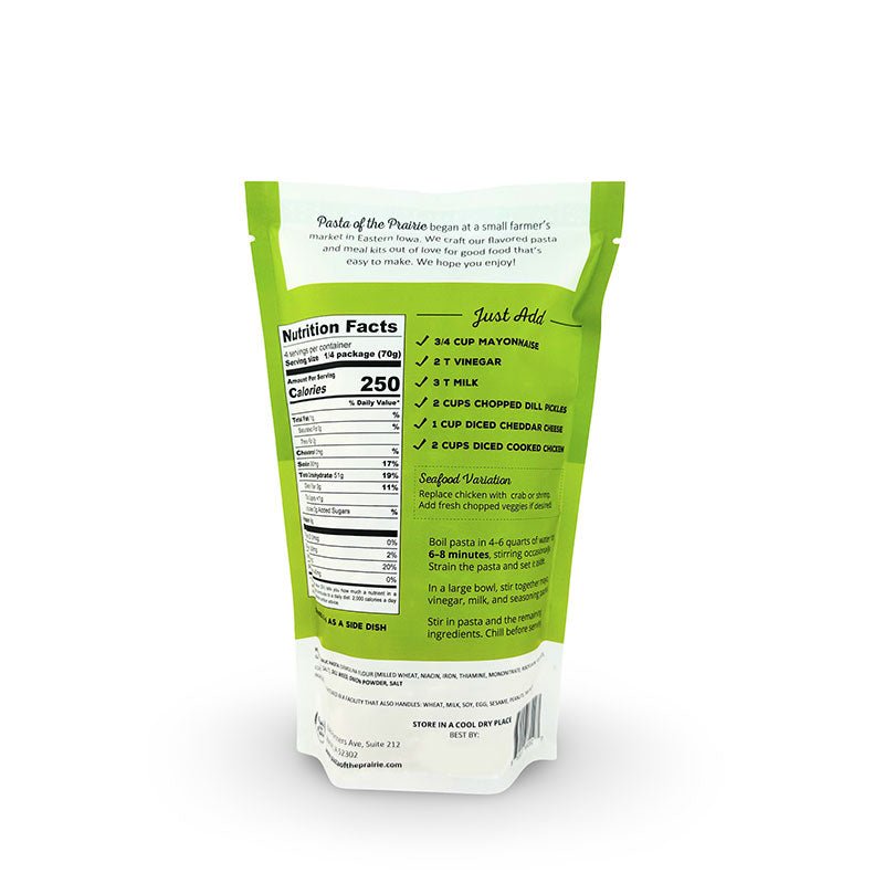 Back of the dill-icious pasta salad packaging with nutrition facts label on a white background