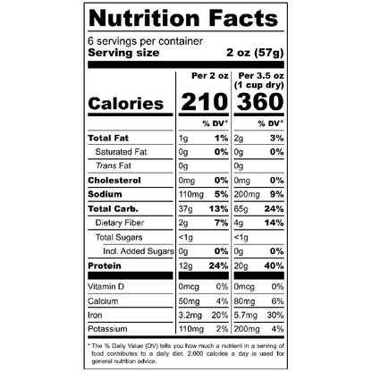 Nutrition facts label for the garlic and seas salt high protein pasta with serving size, calories, and nutritional content