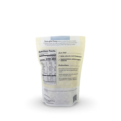 Back of the garlic and seas salt high protein pasta packaging with nutrition facts label on a white background