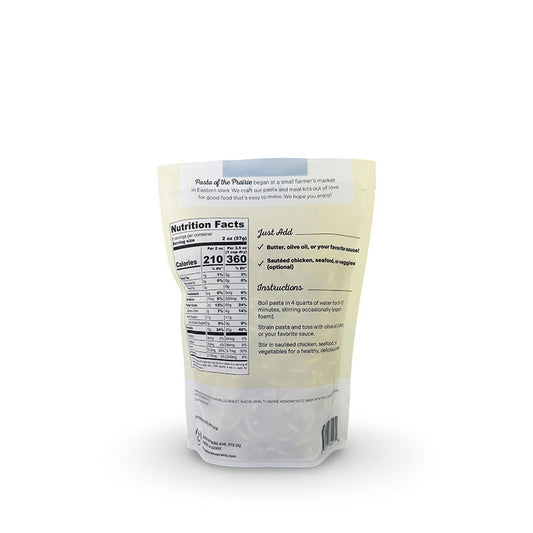 Back of the garlic and seas salt high protein pasta packaging with nutrition facts label on a white background