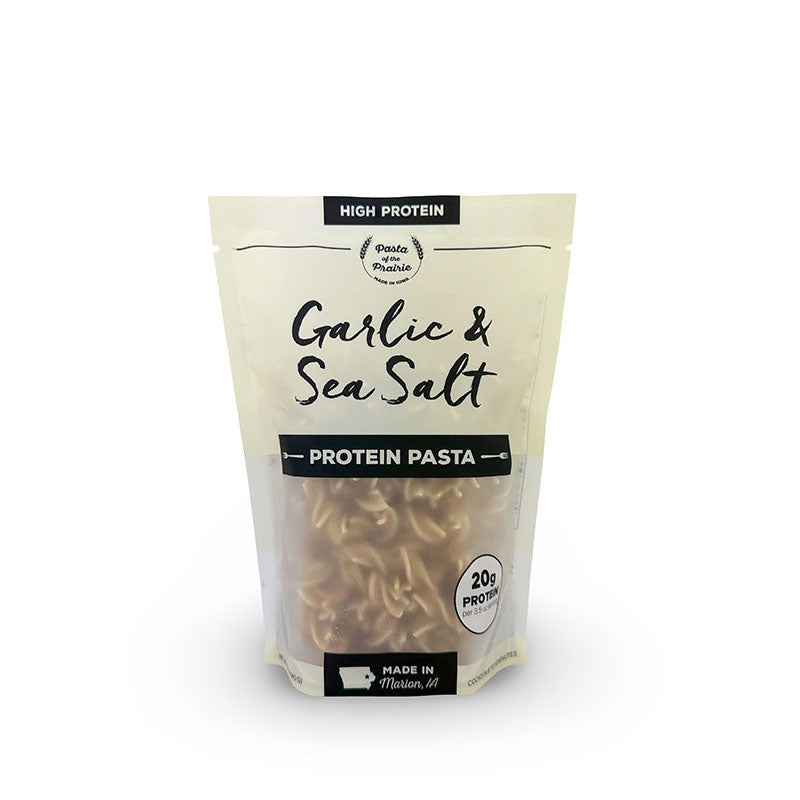 Package of garlic and sea salt high protein pasta on a white background