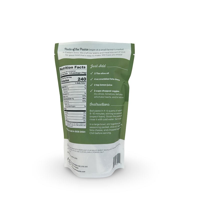 Back of the Greek pasta salad package with nutrition facts and instructions on a white background