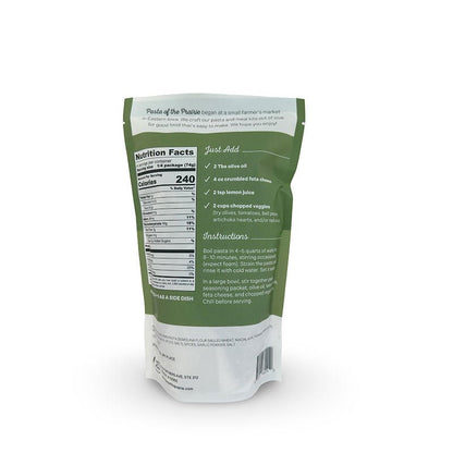 Back of the Greek pasta salad package with nutrition facts and instructions on a white background