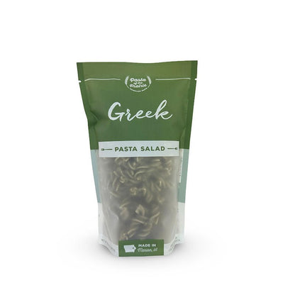 Package of Greek pasta salad on a white background