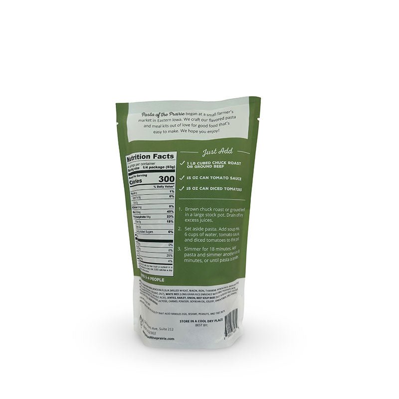 Back view of hearty beef soup mix packaging with text and nutrition facts on a white background