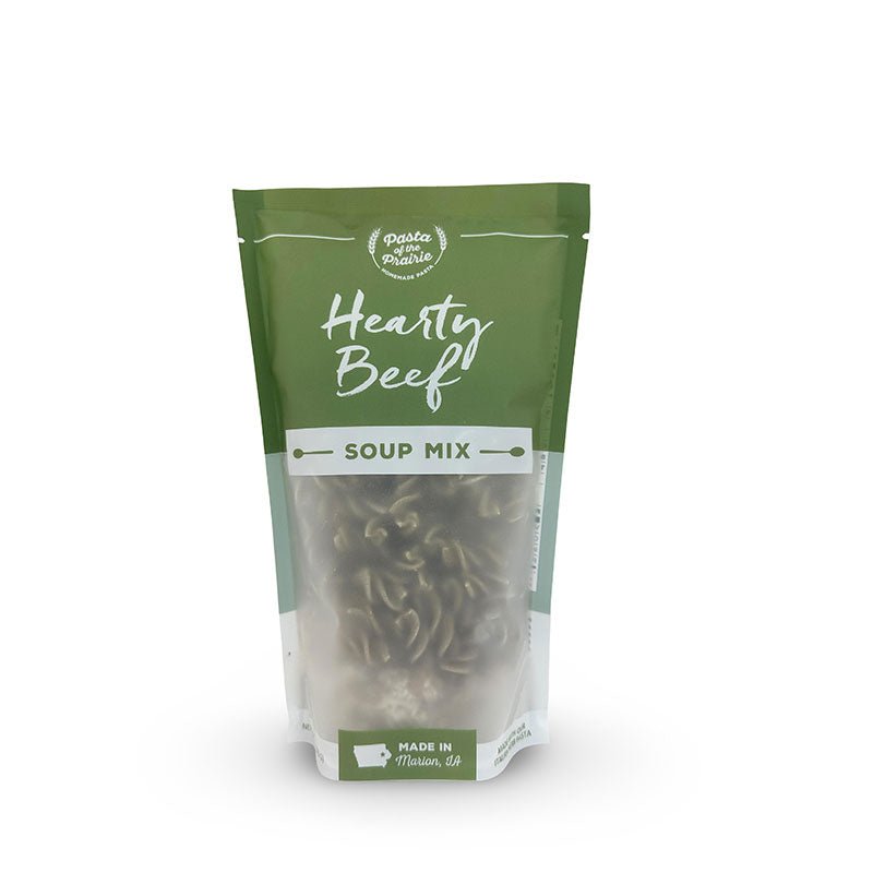Package of hearty beef soup mix on a white background