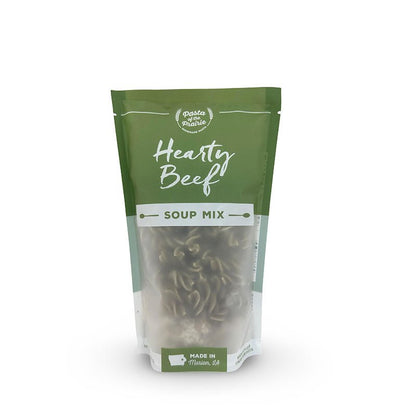 Package of hearty beef soup mix on a white background