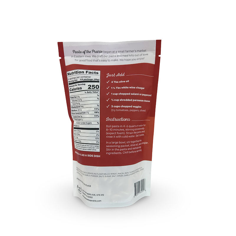 Back view of Italian pasta salad packaging with nutritional information and instructions on a white background