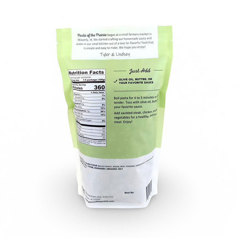 Back of the Italian herd pasta packaging with nutrition facts label on a white background