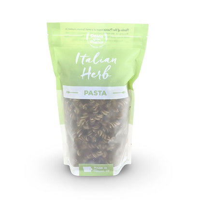 Packaged Italian herb pasta on a white background