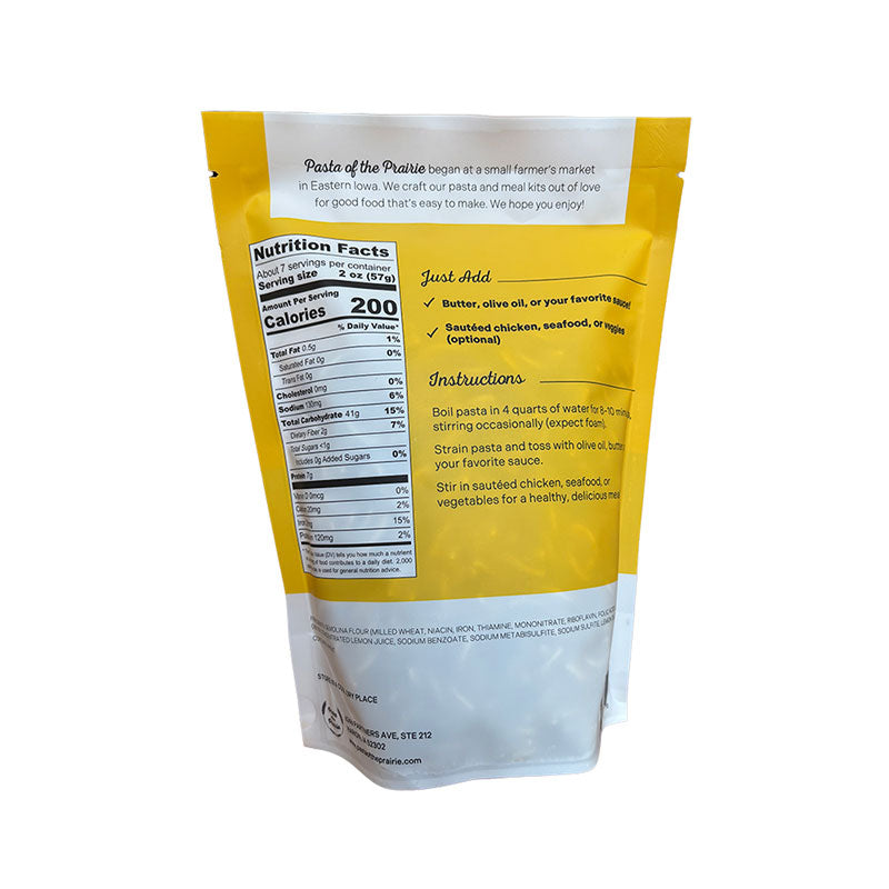 Back of the lemon basil pasta packaging with nutritional information and cooking instructions on a white background