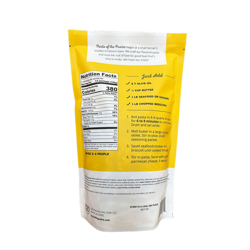 Back of the lemon scampi packaging with nutritional information and recipe on a white background