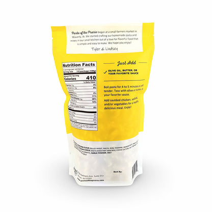 Back of the garlic parmesan pasta packaging with nutritional information on a white background