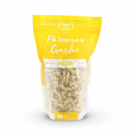 Packaged of parmesan garlic pasta on a white background