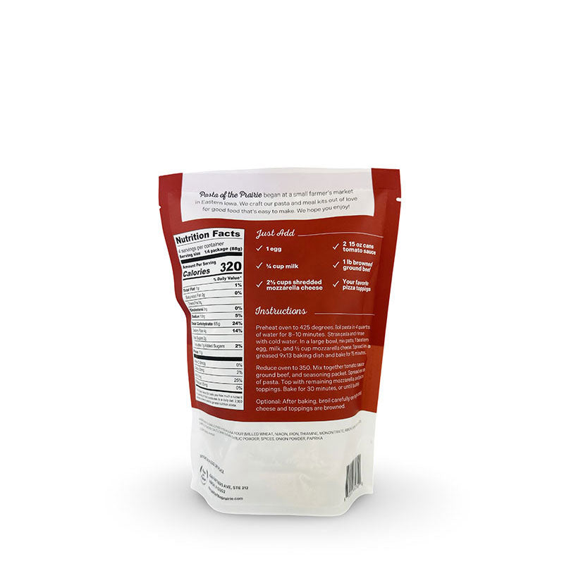 Back view of pizza pasta packaging with nutritional information and instructions.