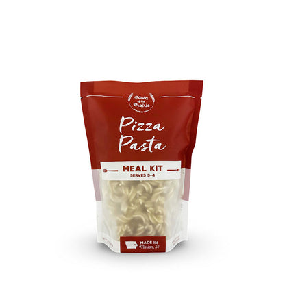 Bag of pizza pasta meal kit on a white background