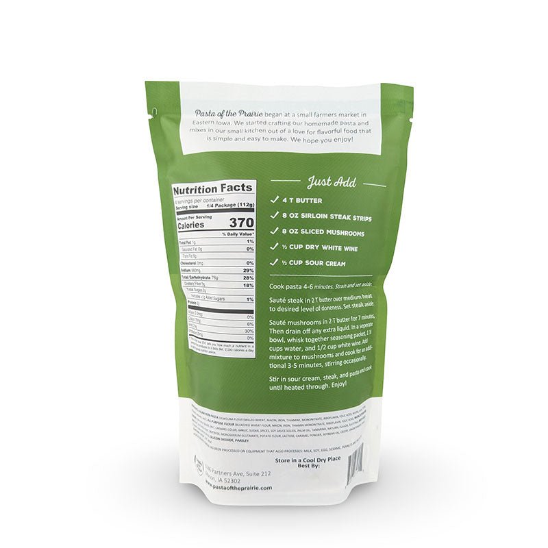 Back of the savory stroganoff package with nutrition facts and recipe instructions on a white background