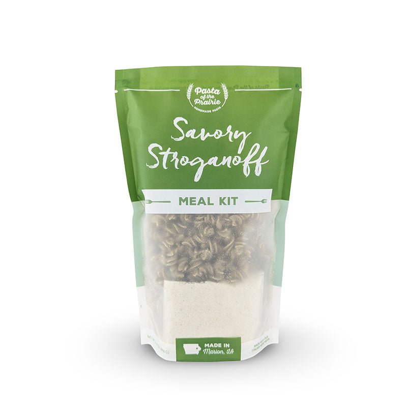 Savory Stroganoff meal kit packaging on a white background