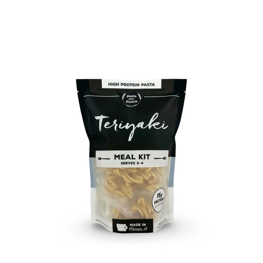 Bag of teriyaki meal kit with high protein pasta inside on a white background