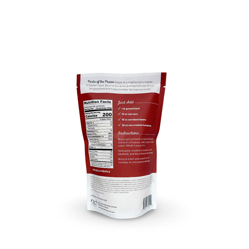 Back view of Texas taco soup mix packaging with nutritional information on a white background
