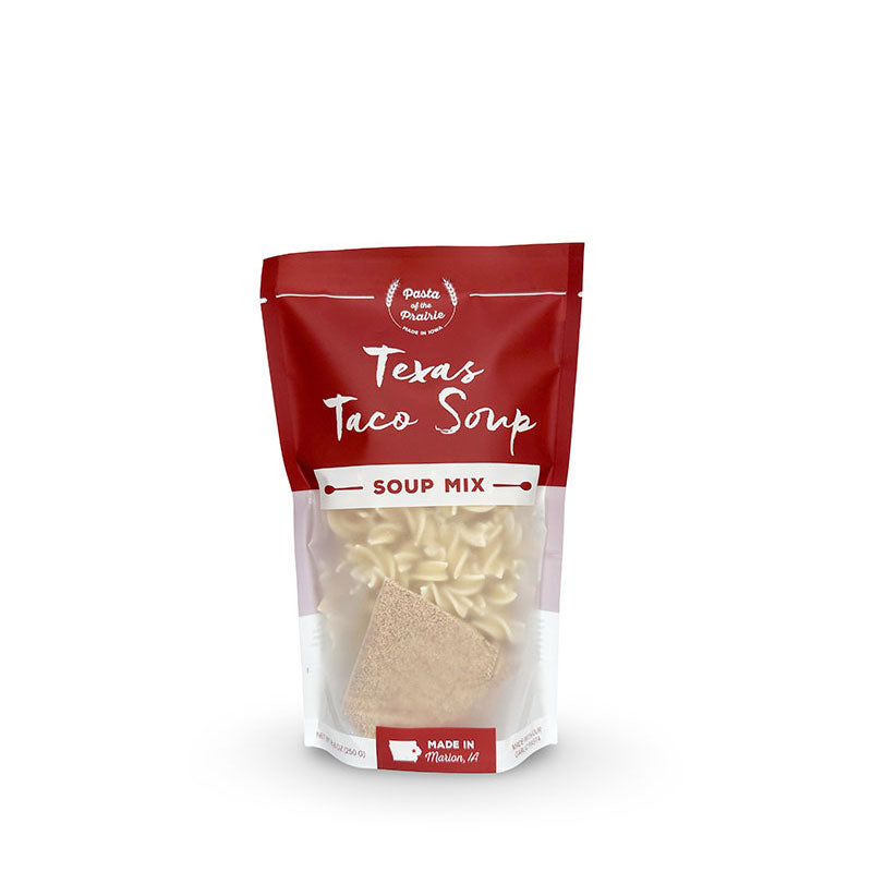 Package of Texas taco soup mix on a white background