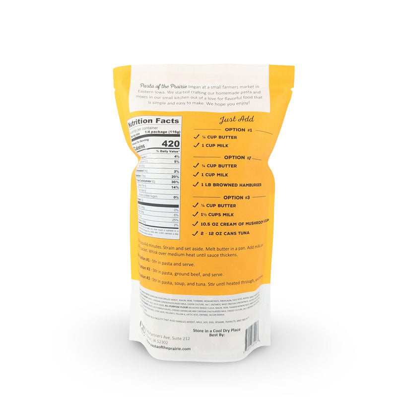 Back of triple cheddar meal kit package with nutritional information and ingredients listed.