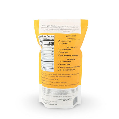 Back of triple cheddar meal kit package with nutritional information and ingredients listed.