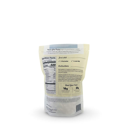 Back of the white cheddar meal kit packaging view with nutritional information on a white background