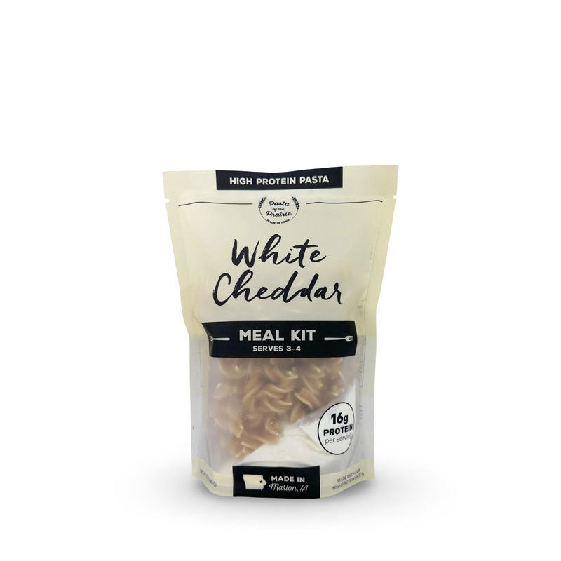 White cheddar high protein pasta meal kit in packaging on a white background